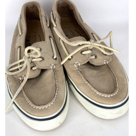 Sperry Top Sider Mens 9.5 M Light Tan Leather Navy Trim Boat Shoe Non Slip - Picture 1 of 8